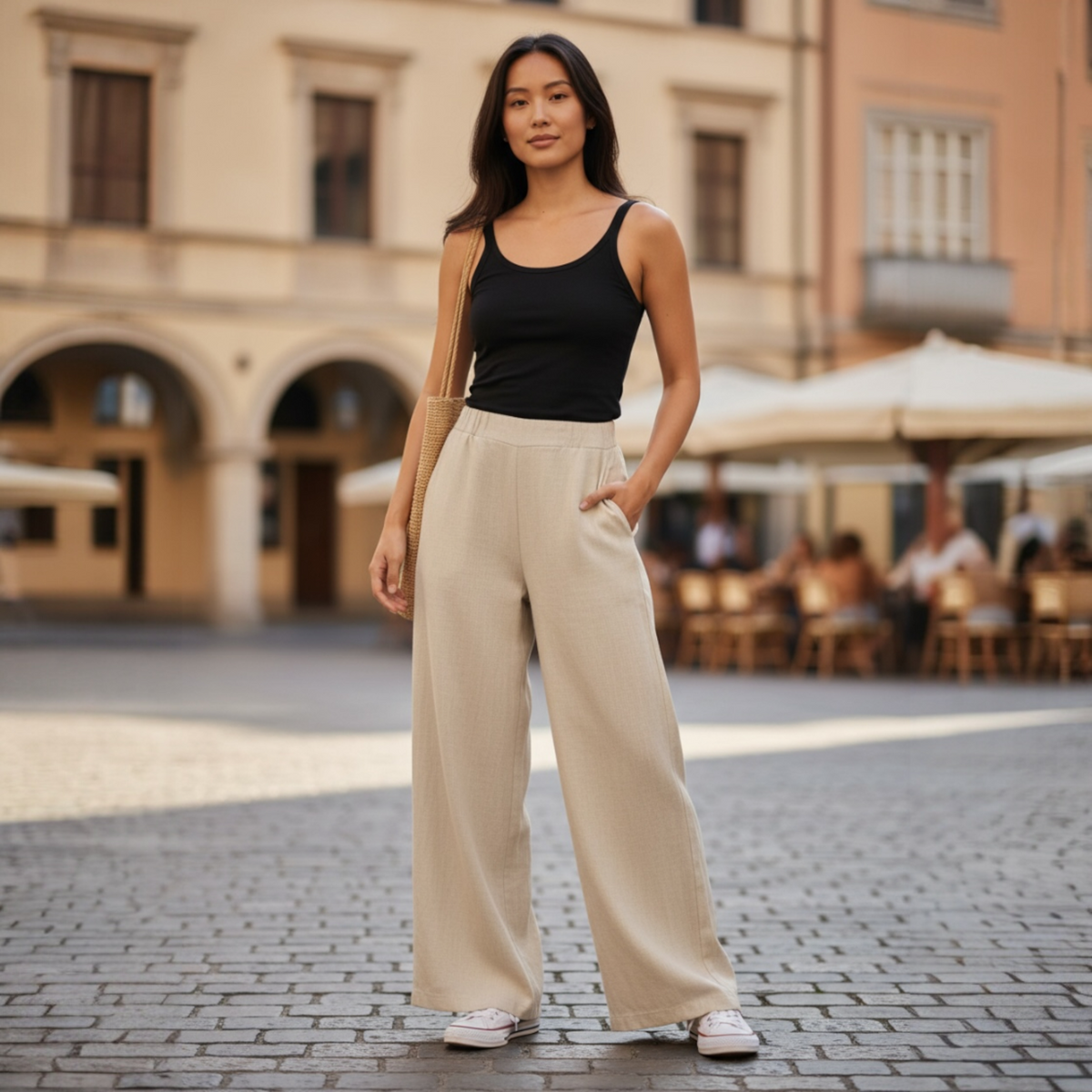 Chiara Waistband Wide Leg Linen Pants with Pockets