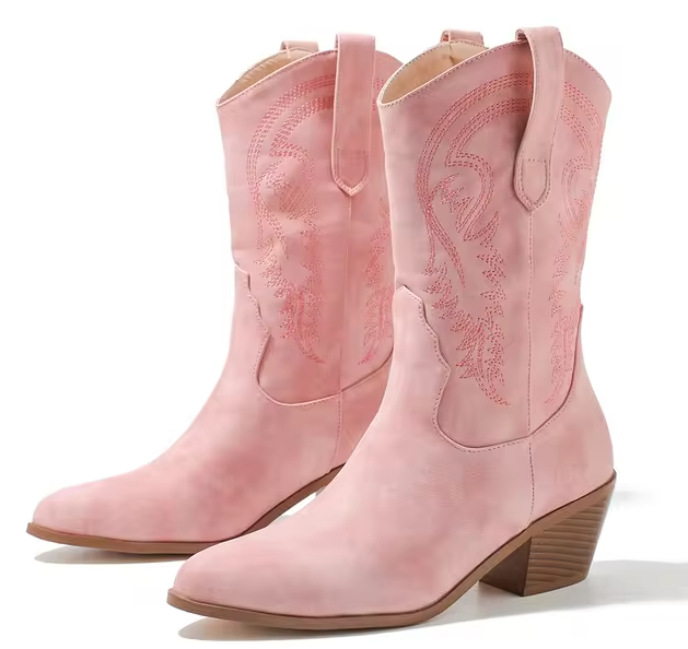 Pink Embroidered Faux Leather Boots - Premium Cowboy Boots from Ida Louise Boutique - Just $80! Shop now at Ida Louise Boutique