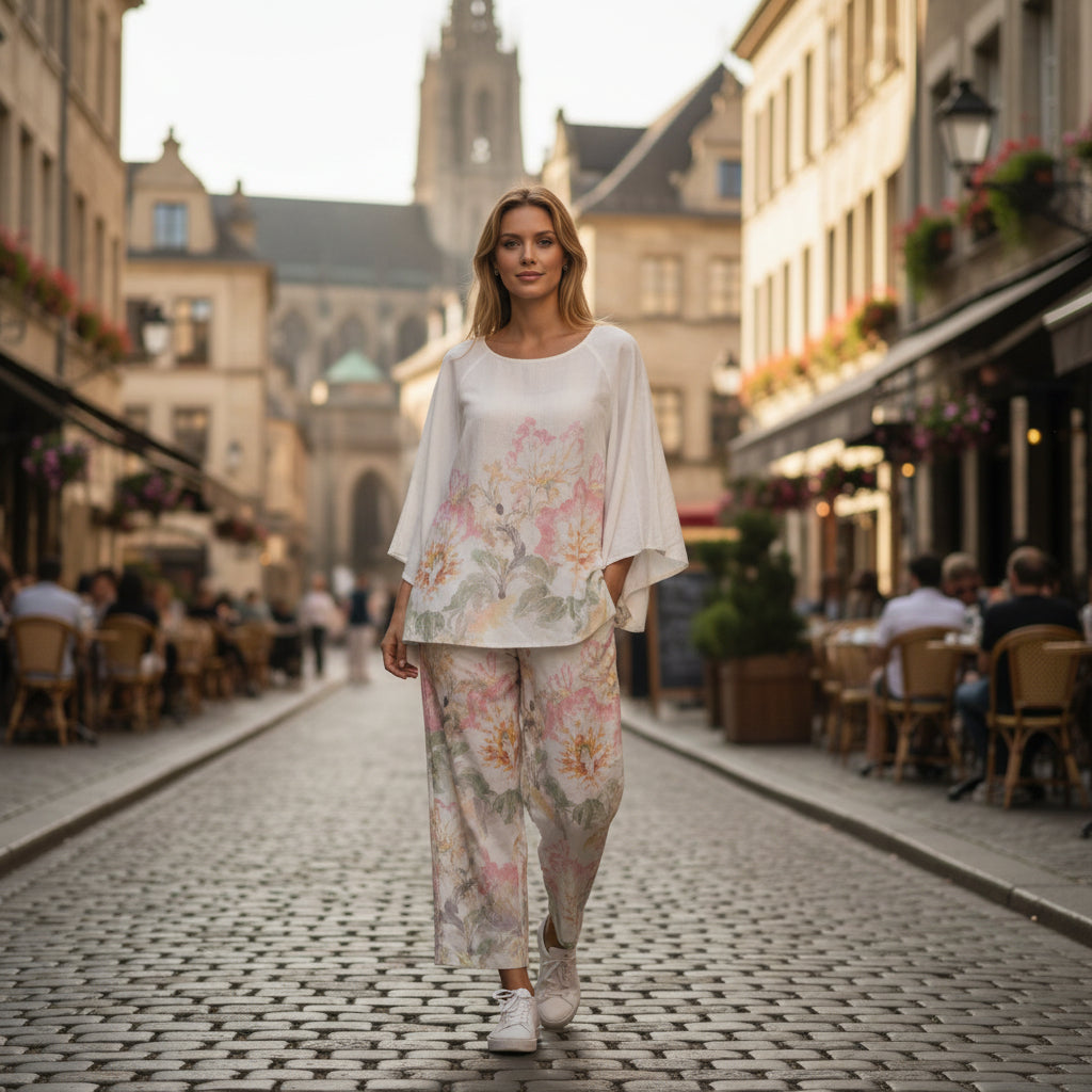 Gemma Watercolor Peony Print Dolmain Top - Matching Pants Available
