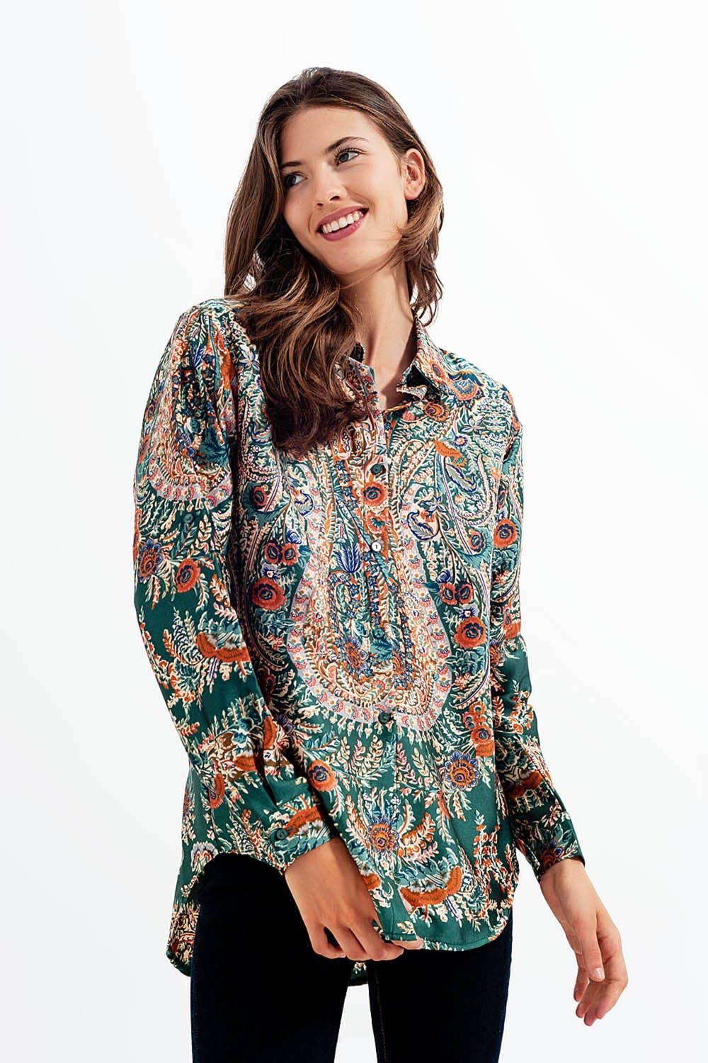 Darla Green Paisley Floral Print Shirt - Premium Apparel & Accessories from Q2 - Just $48! Shop now at Ida Louise Boutique