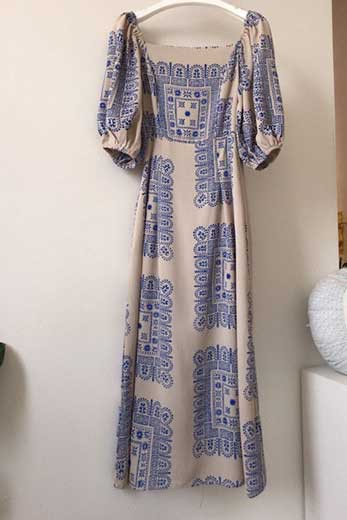Blue Printed Square Neck Midi Dress