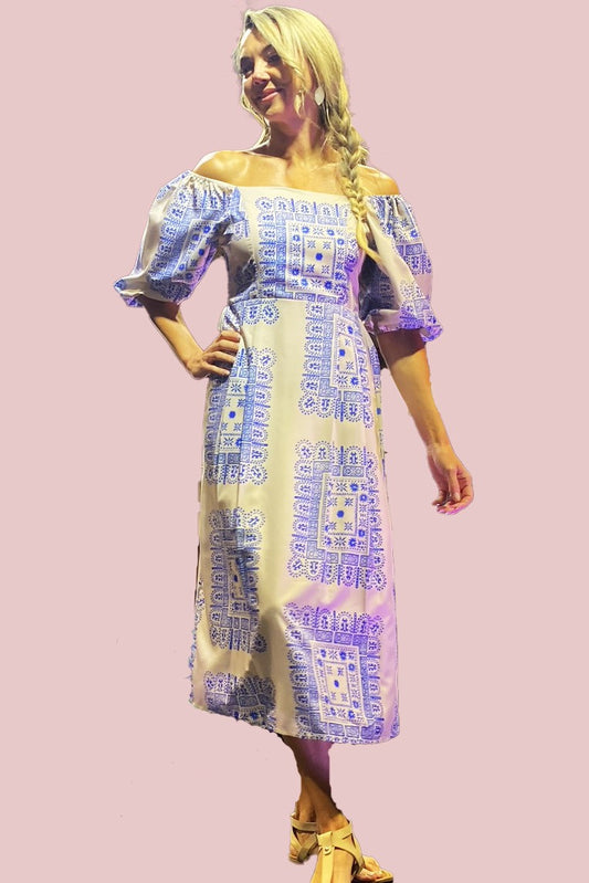 Blue Printed Square Neck Midi Dress