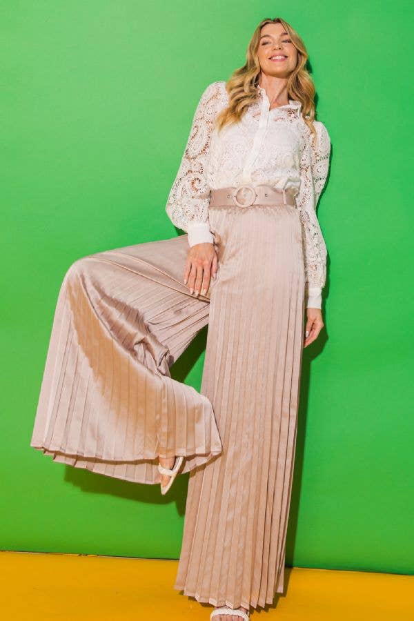 Champagne Pleats Please - Premium Pants from FLYING TOMATO - Just $62! Shop now at Ida Louise Boutique