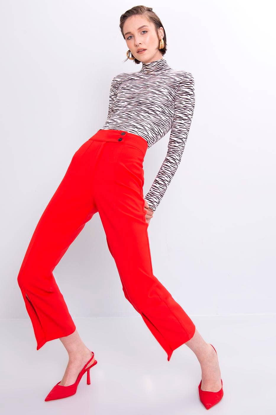 Red Ankle Length Pants with Slit