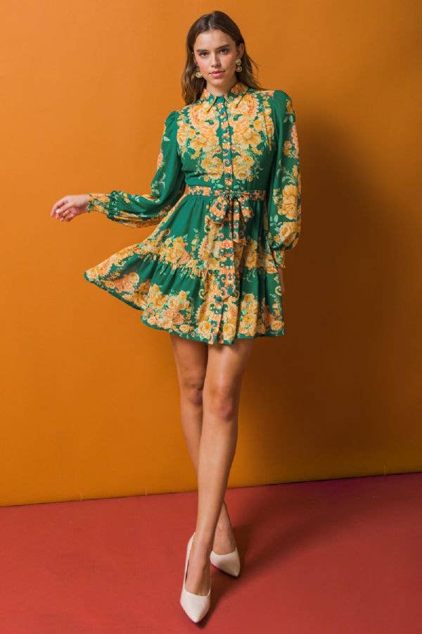 Kellie Green Floral Belted Dress