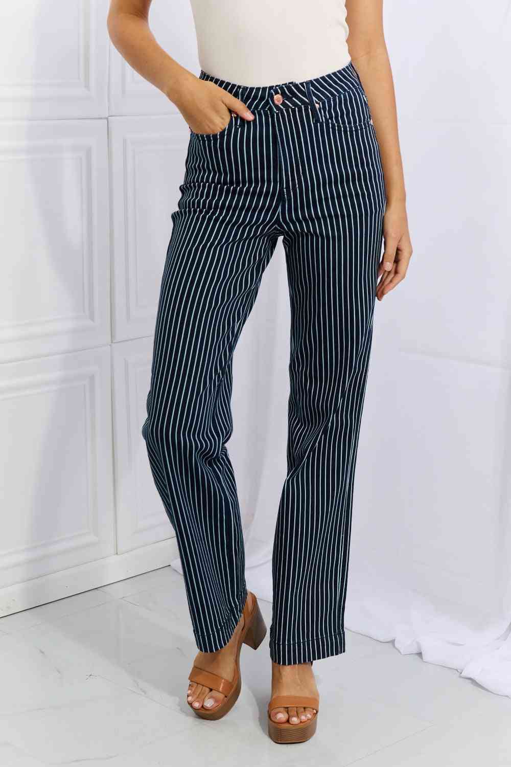 Judy Blue Cassidy Full Size High Waisted Tummy Control Striped Straight Jeans - Premium Jeans from Trendsi - Just $68! Shop now at Ida Louise Boutique