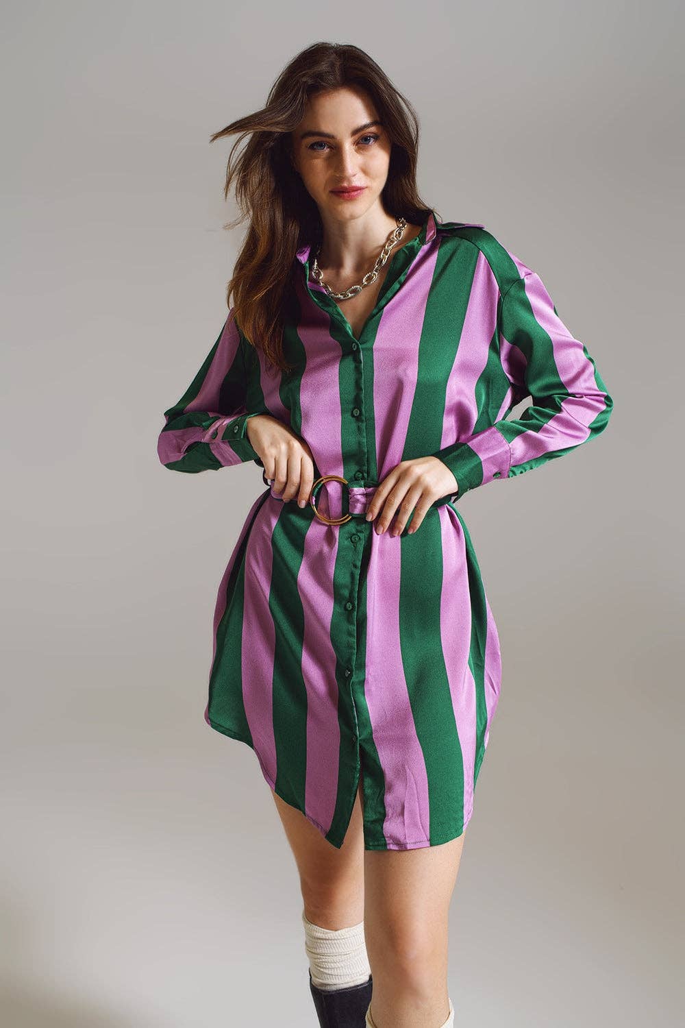 Margaret Shirt Dress Lilac/Green Stripe