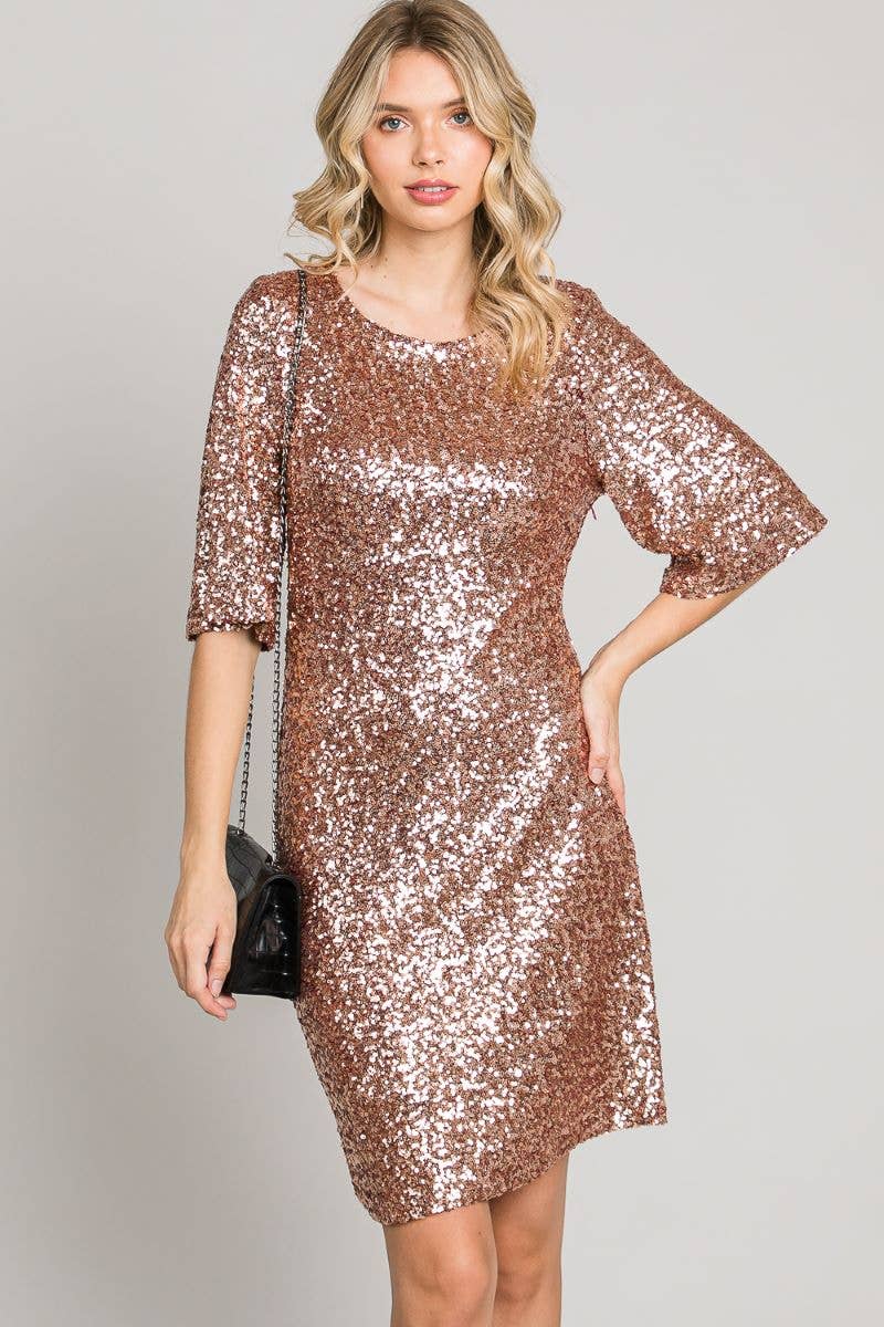 Open Half Sleeve Sequin Dress- Rose Gold - Premium dress from Allie Rose - Just $50! Shop now at Ida Louise Boutique