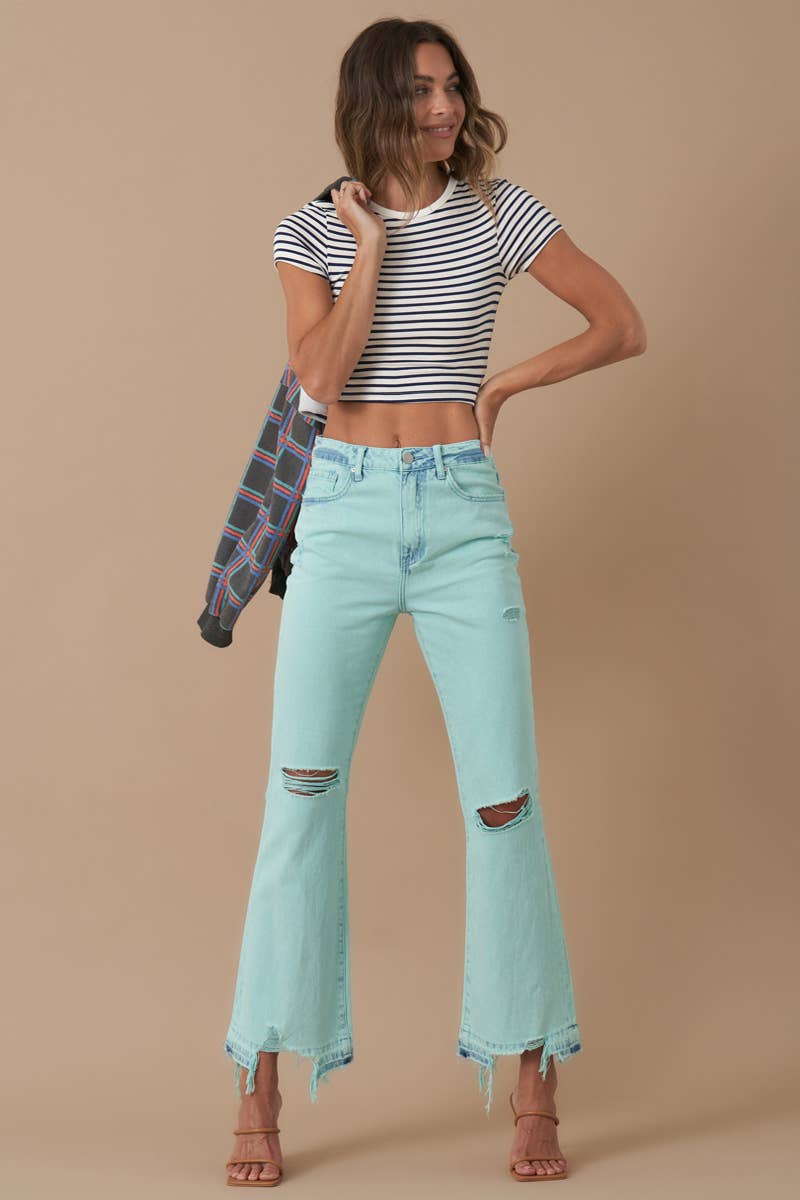 Teal High Rise Crop Flare Distressed Jeans