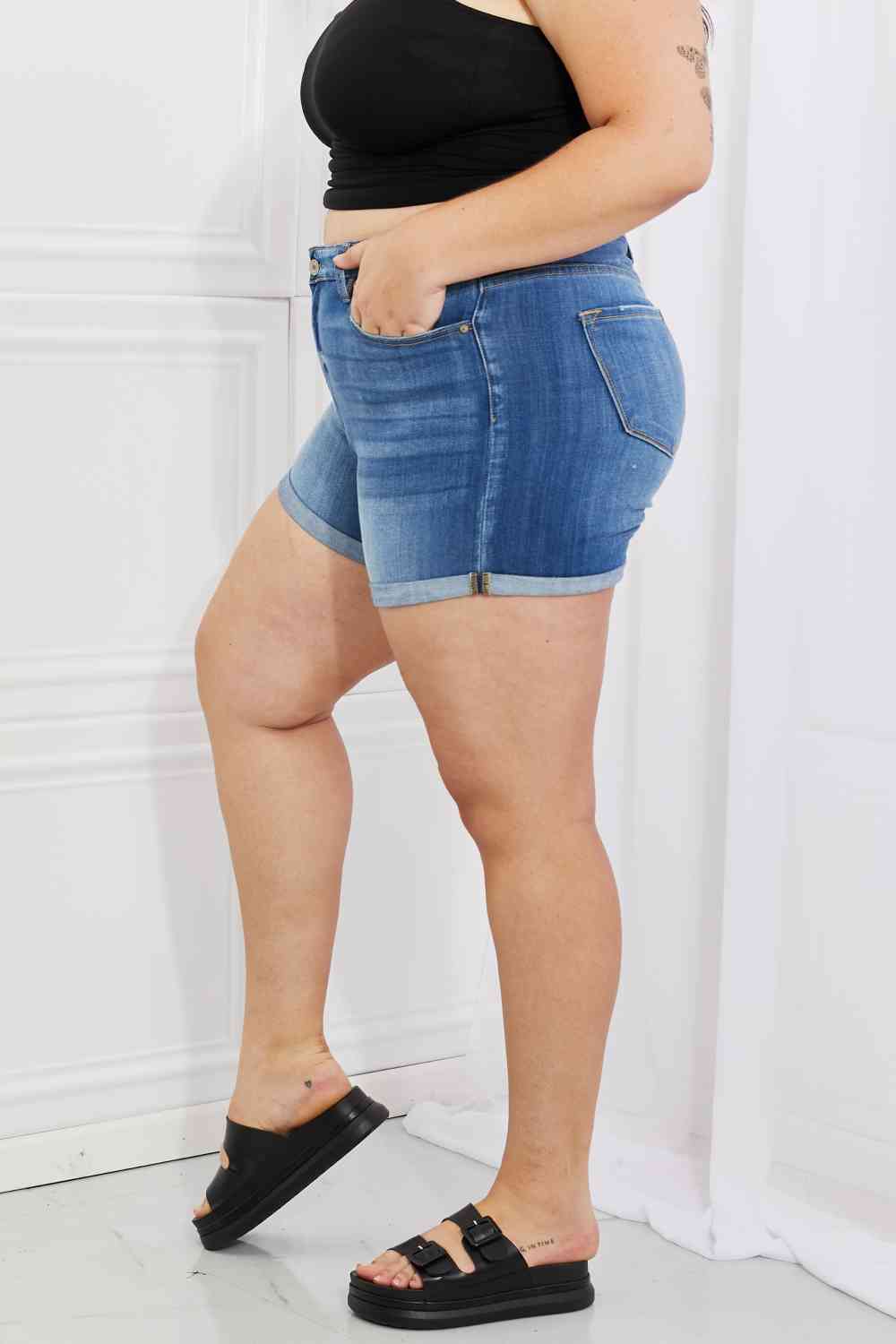 Kancan High Rise Medium Wash Denim Shorts - Premium Shorts from Trendsi - Just $54! Shop now at Ida Louise Boutique