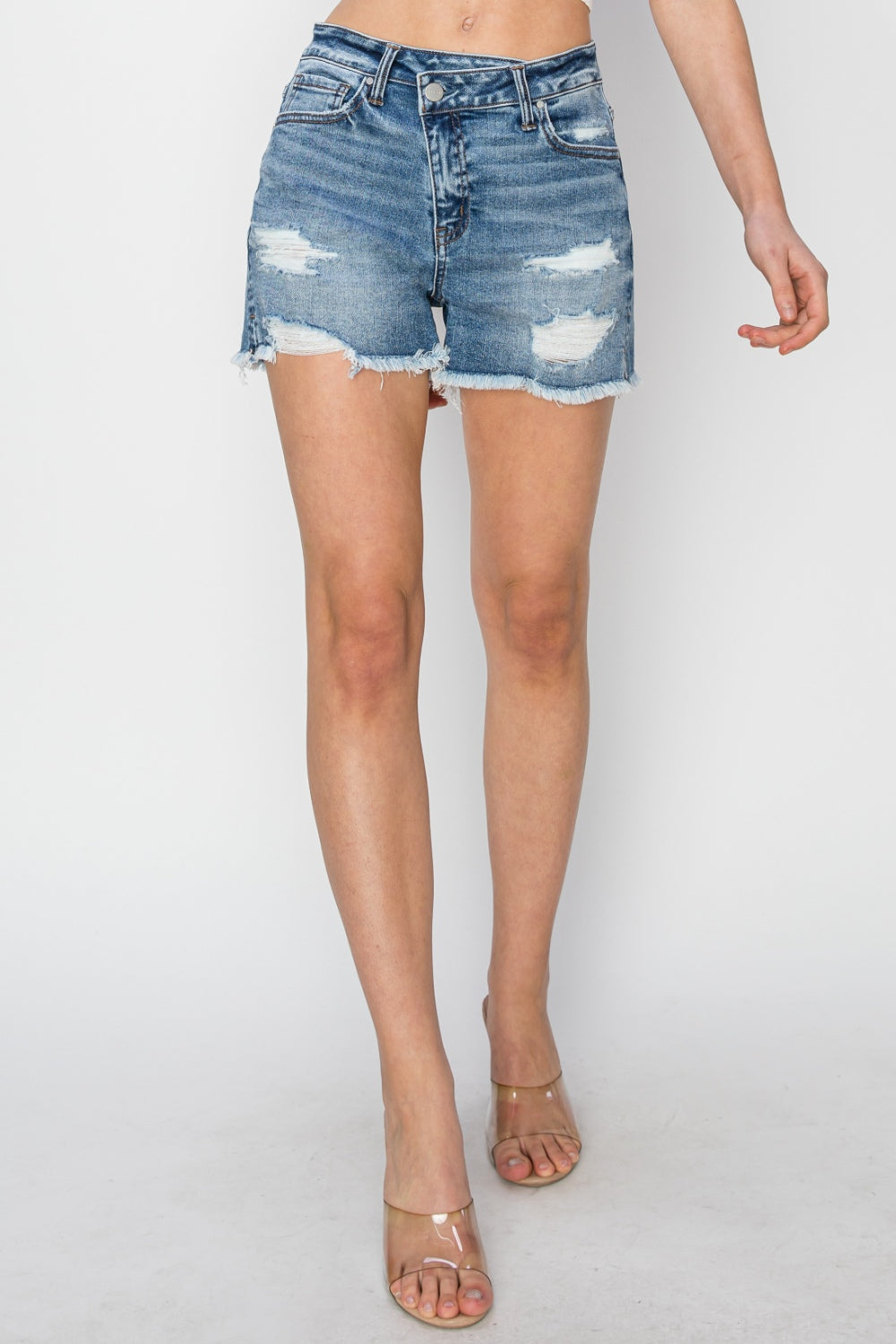 RISEN Stepped Waist Frayed Denim Shorts - Premium Shorts from Trendsi - Just $51! Shop now at Ida Louise Boutique
