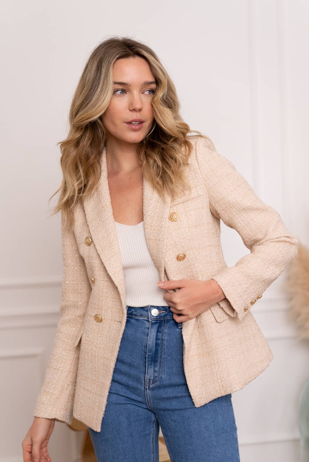 Tweed Double  - Breasted Blazer Jacket Pink & Beige with Gold Buttons - Premium Blazer from CHOKLATE PARIS - Just $88! Shop now at Ida Louise Boutique