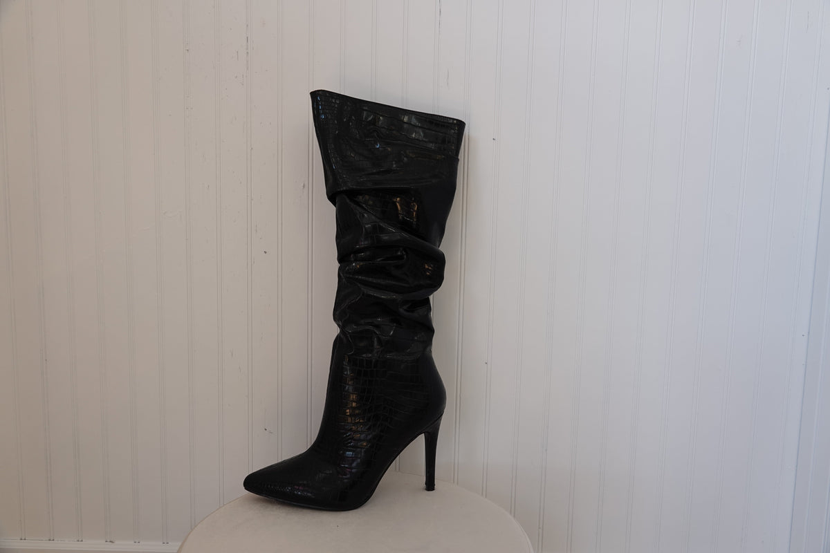 Black Heeled Faux Croc Boot - Premium Knee High Boots from Ida Louise Boutique - Just $48! Shop now at Ida Louise Boutique