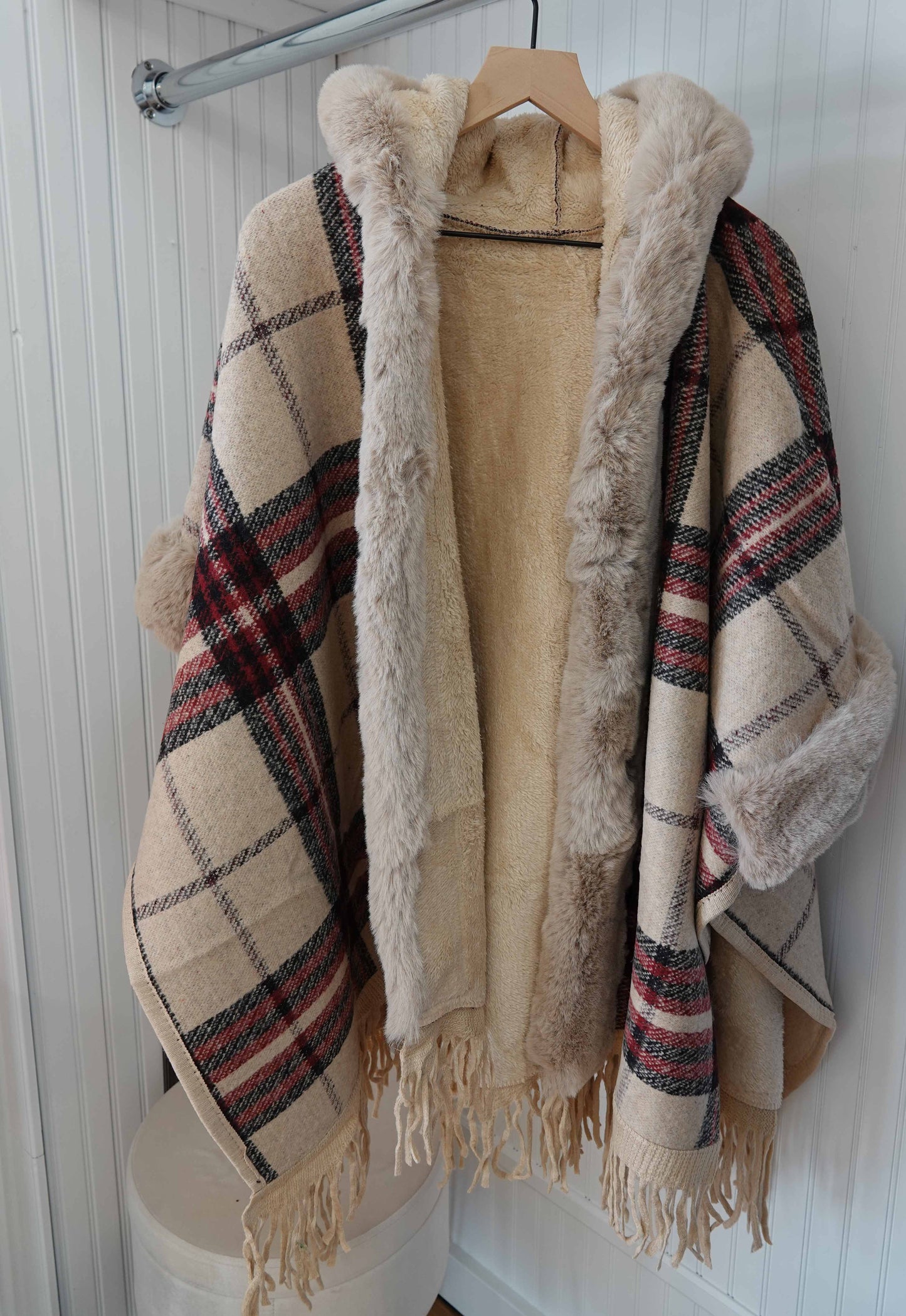 Faux Fur Plaid Lined Poncho with Hood