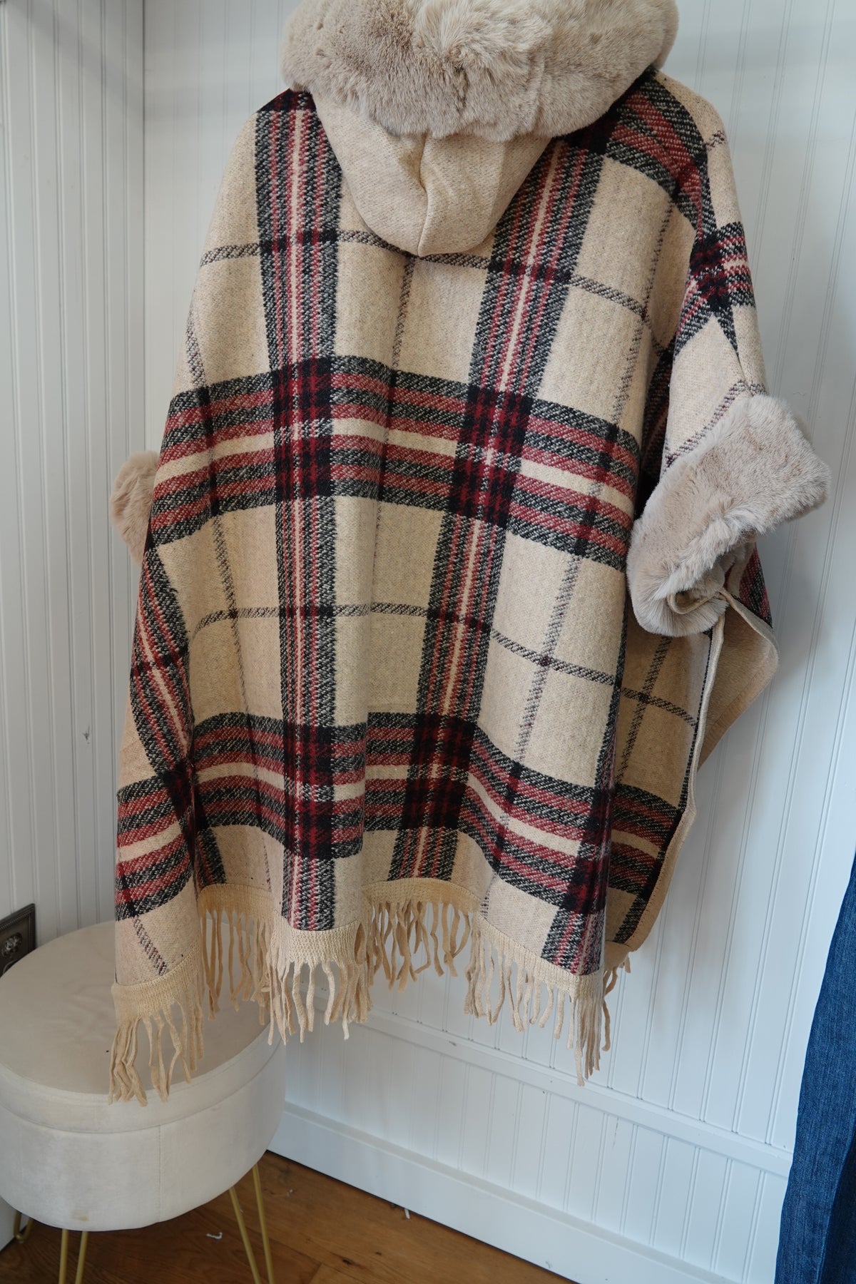 Faux Fur Plaid Lined Poncho with Hood - Premium Poncho from Ida Louise Boutique - Just $100! Shop now at Ida Louise Boutique