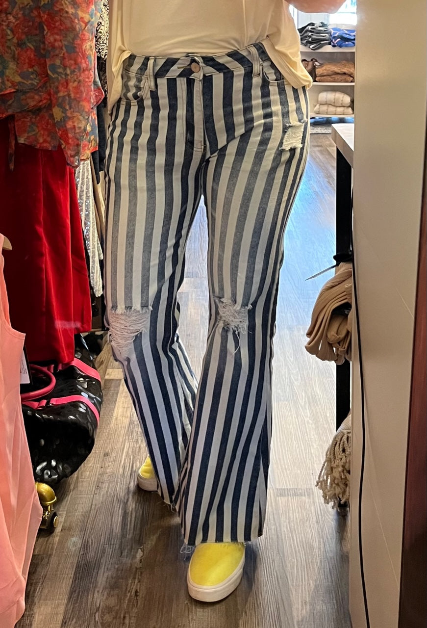 Striped Smoke Blue Flare Jeans - Premium Jeans from Ida Louise Boutique - Just $24! Shop now at Ida Louise Boutique