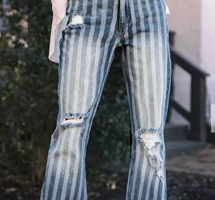 Denim super sale striped flare jeans