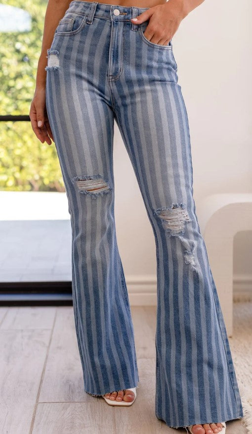 Striped Smoke Blue Flare Jeans - Premium Jeans from Ida Louise Boutique - Just $24! Shop now at Ida Louise Boutique