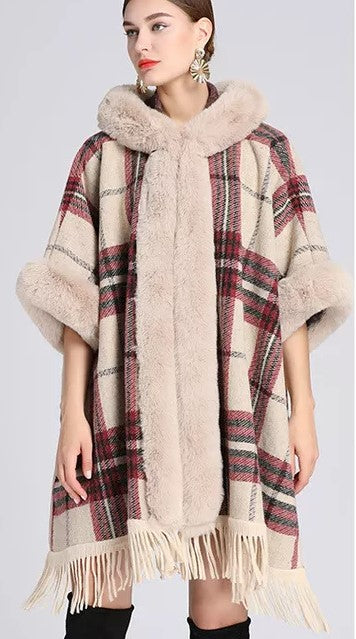 Faux Fur Plaid Lined Poncho with Hood - Premium Poncho from Ida Louise Boutique - Just $100! Shop now at Ida Louise Boutique