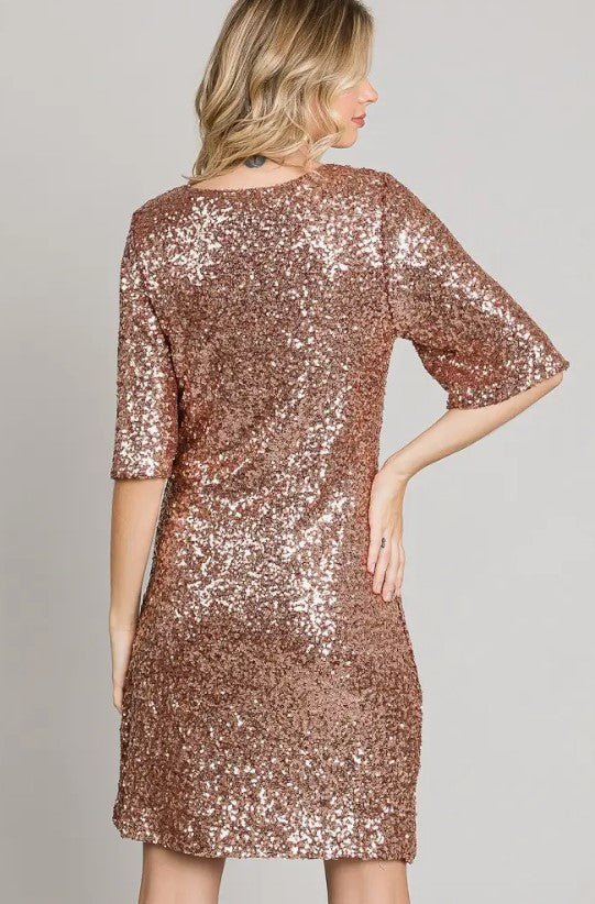 Open Half Sleeve Sequin Dress- Rose Gold