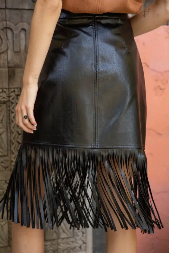 Ride with Me Faux Leather Fringe Midi Skirt