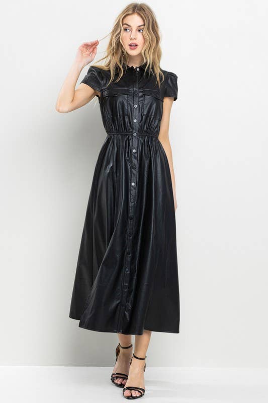 Faux Leather Black Midi Dress with Cinch Waist and Pockets - Premium Dresses from TCEC - Just $108! Shop now at Ida Louise Boutique
