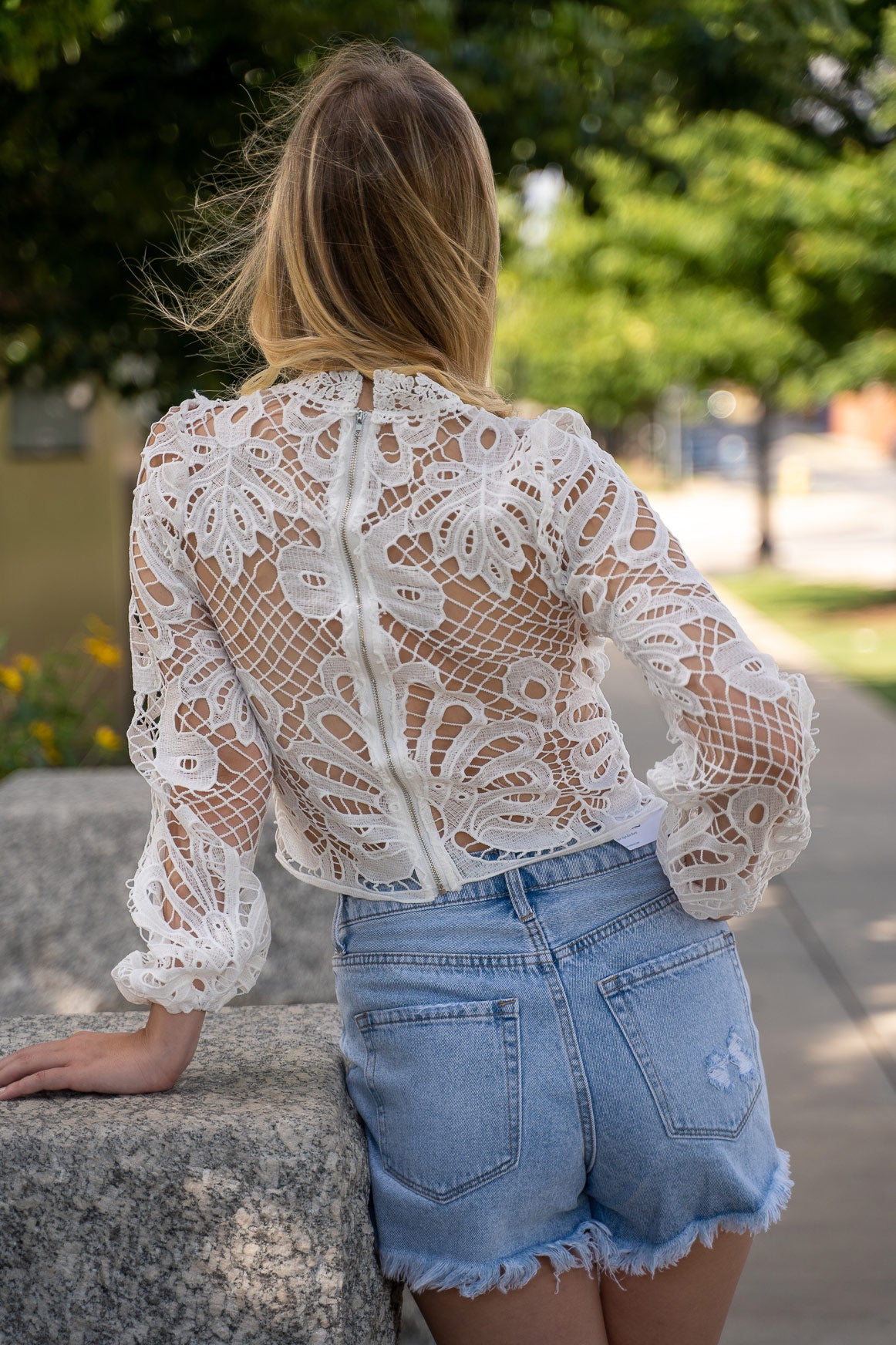 White Lace Long Sleeve Crop with Zipper Back