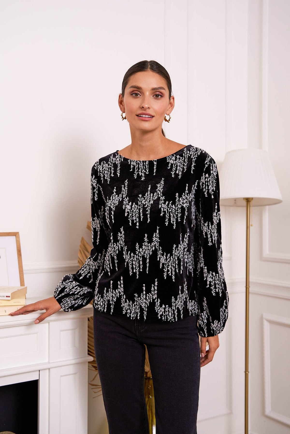 Velvet Black blouse with White Embroidered Threads - Premium Blouse from CHOKLATE PARIS - Just $58! Shop now at Ida Louise Boutique