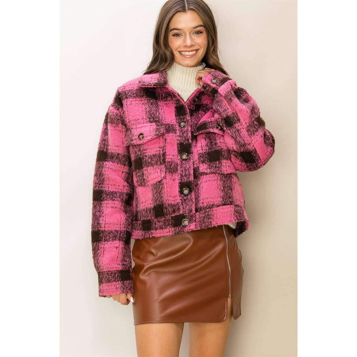 Minela Mohair Like Plaid Pink Jacket - Premium Flannel from HYFVE - Just $35! Shop now at Ida Louise Boutique