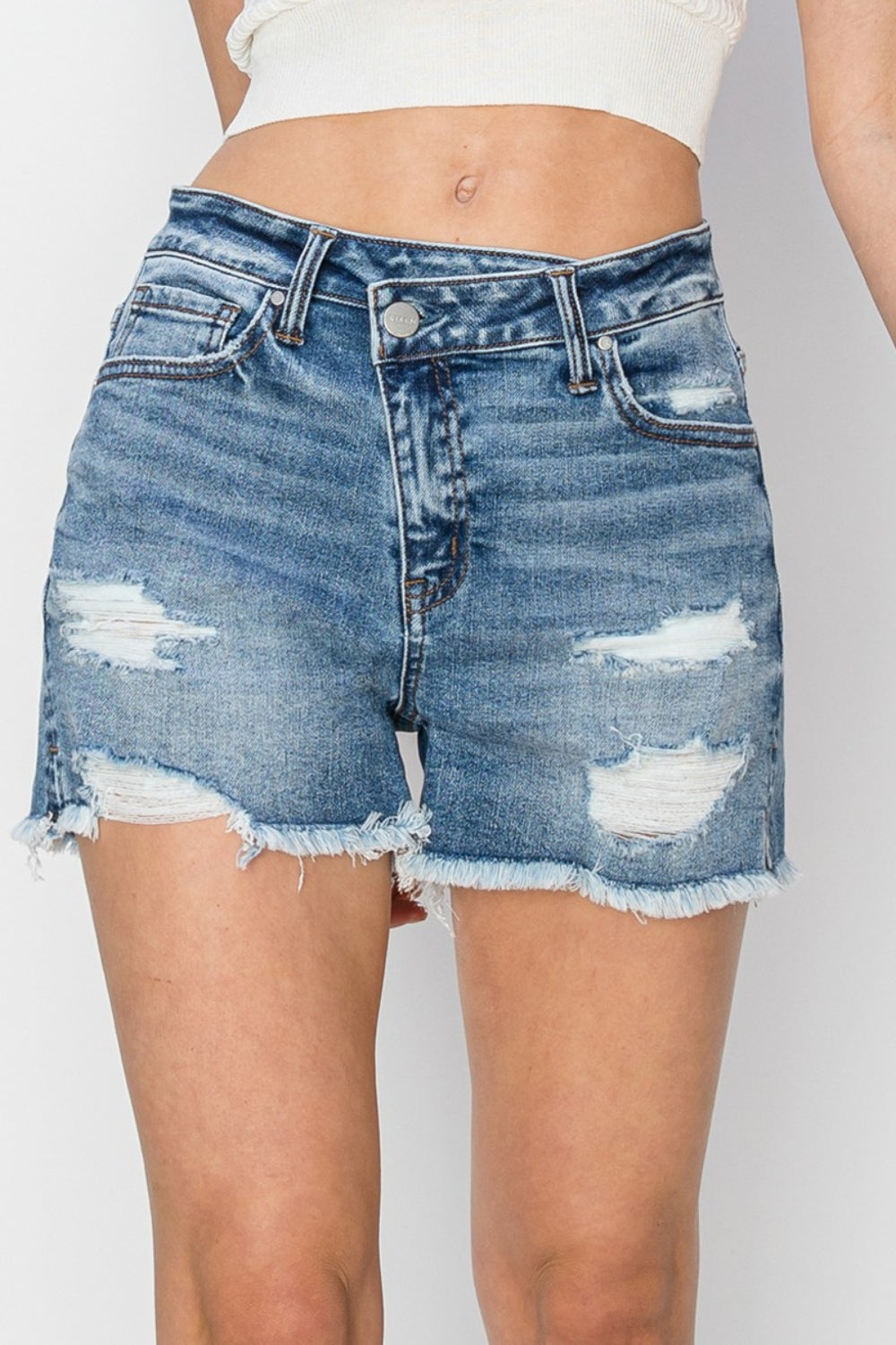 RISEN Stepped Waist Frayed Denim Shorts - Premium Shorts from Trendsi - Just $51! Shop now at Ida Louise Boutique