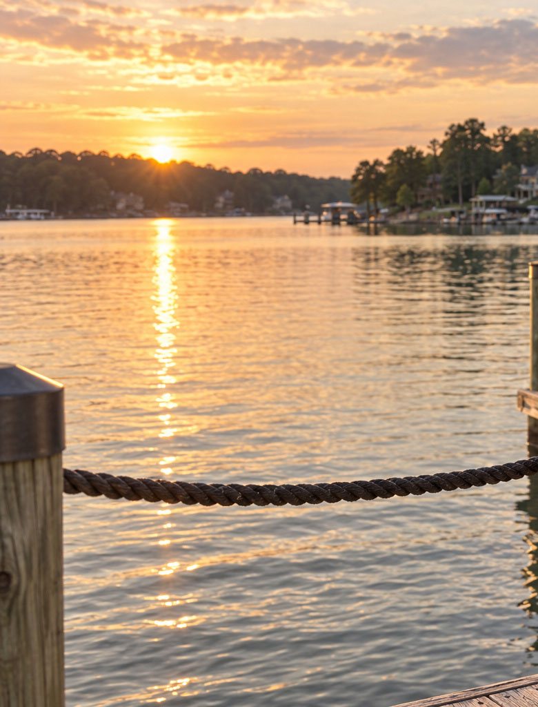 Sunset over Lake Norman from a wooden dock